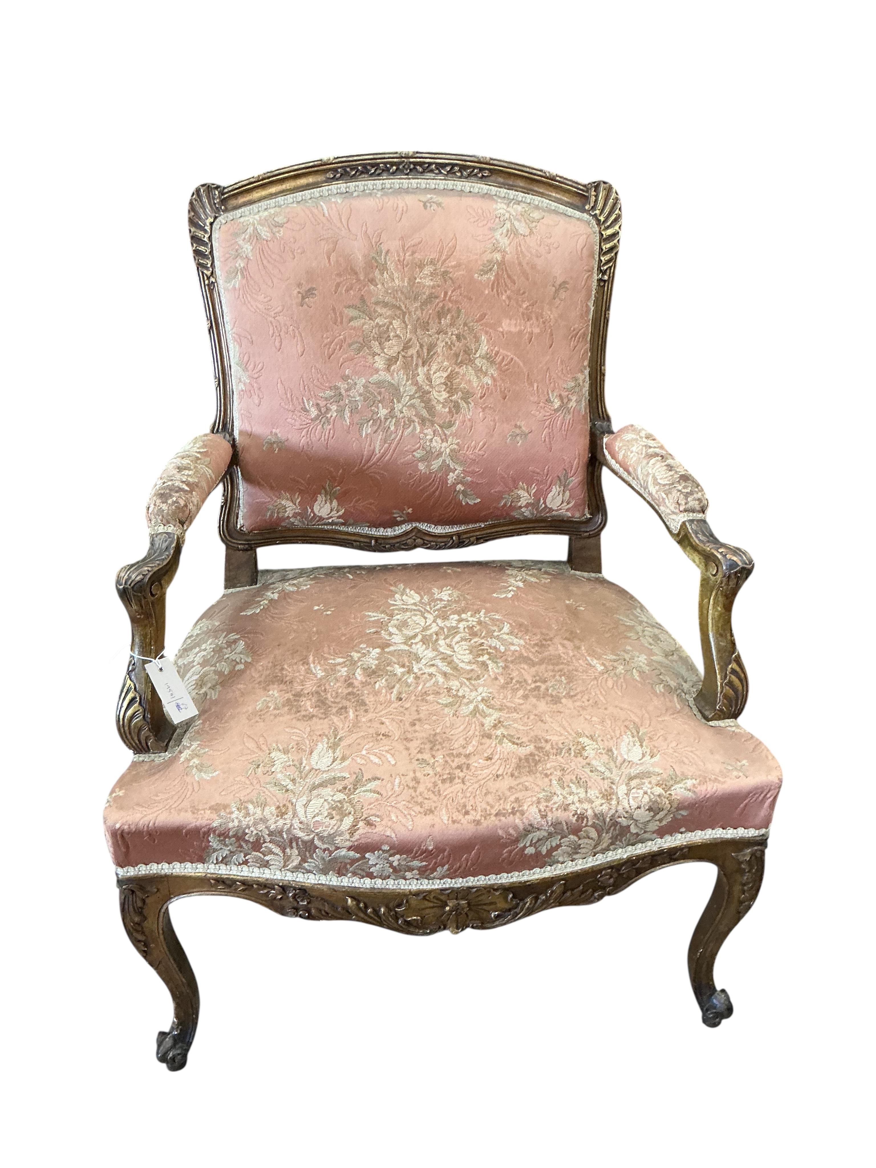 A 19th century French giltwood fauteuil, width 70cm, depth 52cm, height 93cm